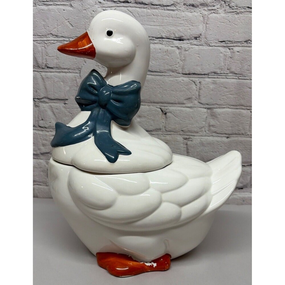 Vtg 80s Country Goose Blue Bow Ceramic Cookie Jar Cottage Core Grandma